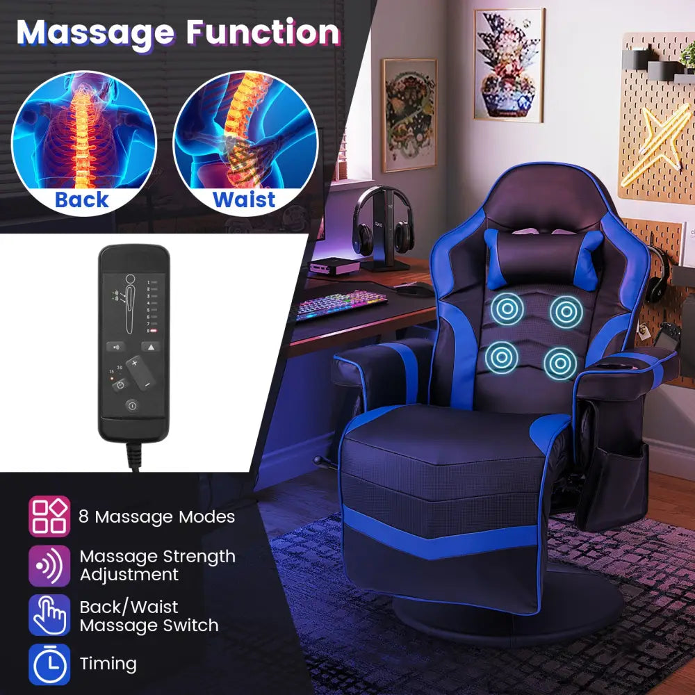 Massage Video Gaming Recliner Chair with Adjustable Height-Blue - Blue - Gaming Chairs
