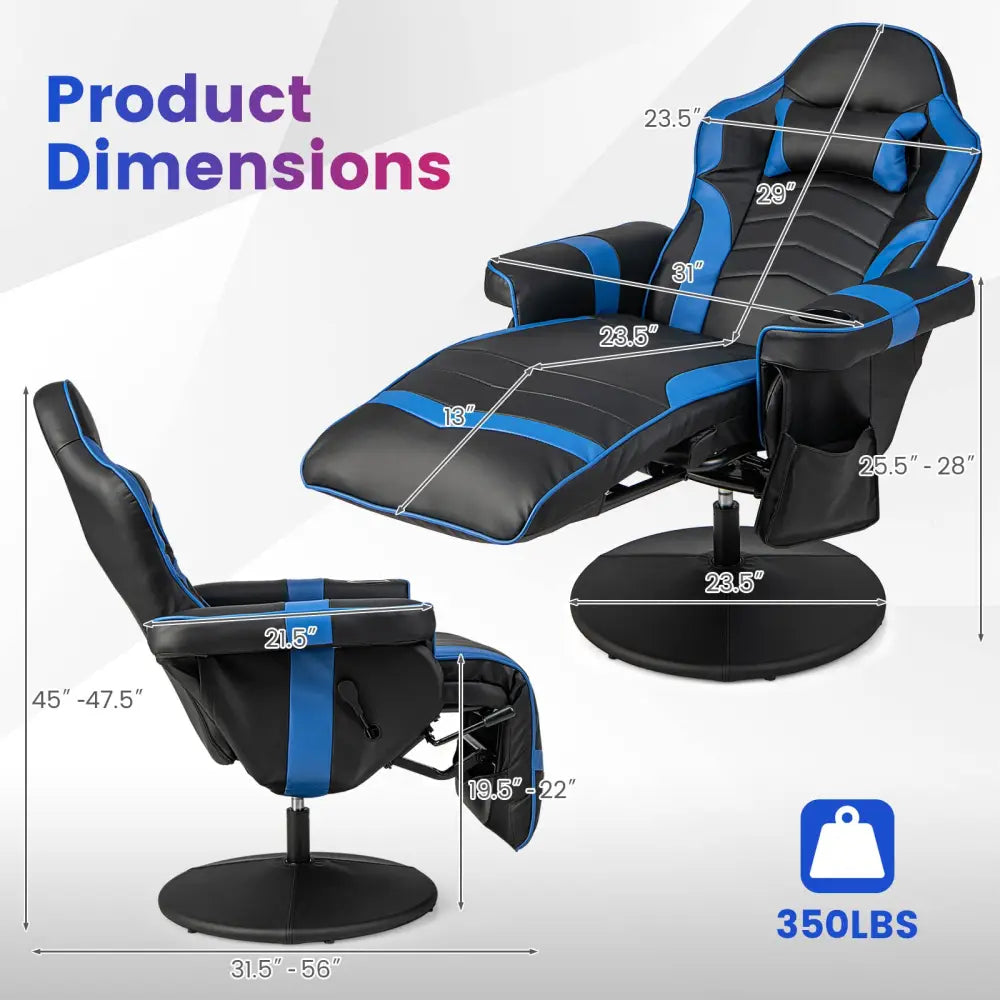 Massage Video Gaming Recliner Chair with Adjustable Height-Blue - Blue - Gaming Chairs
