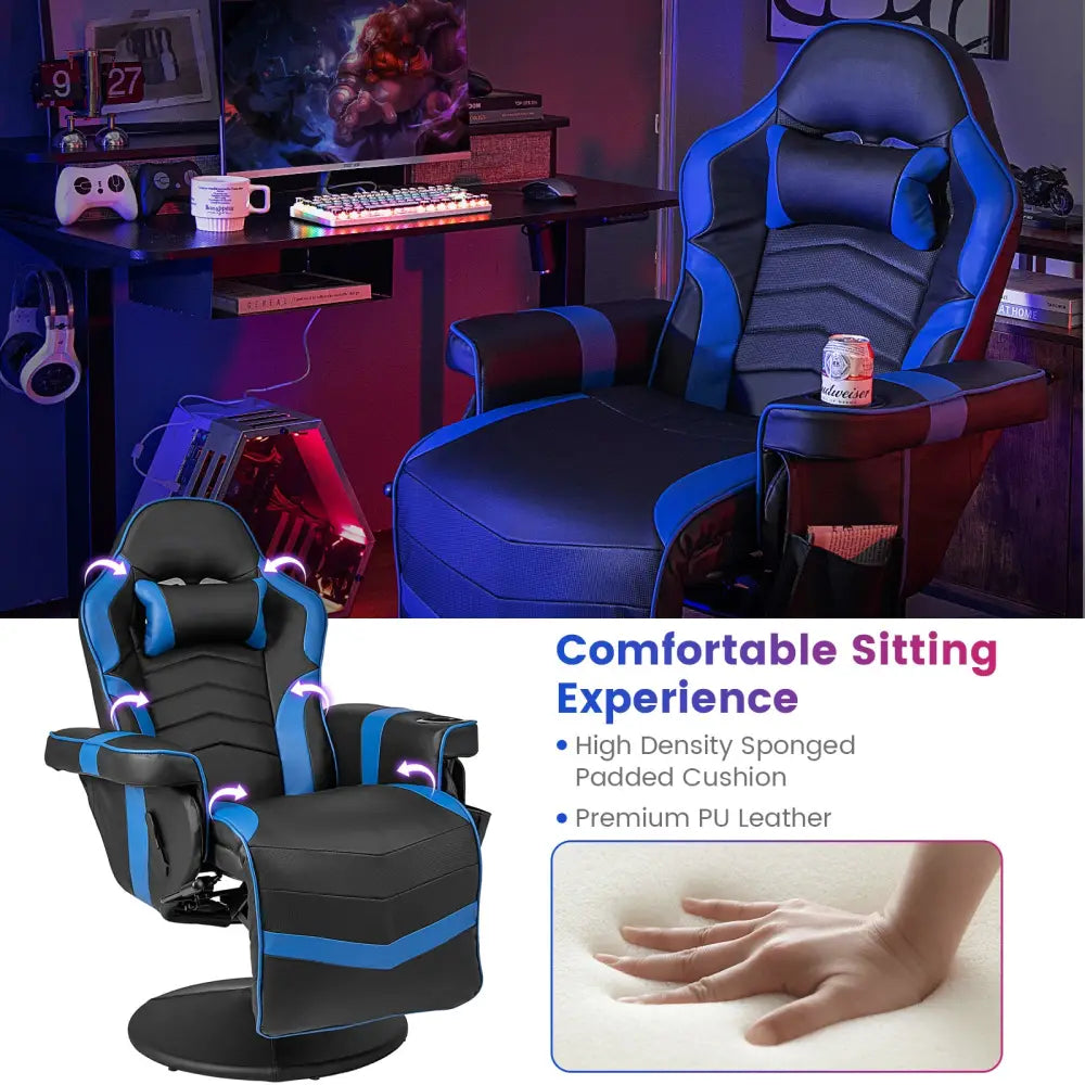 Massage Video Gaming Recliner Chair with Adjustable Height-Blue - Blue - Gaming Chairs