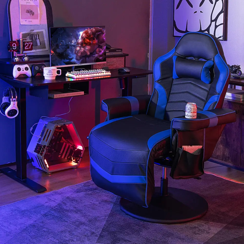 Massage Video Gaming Recliner Chair with Adjustable Height-Blue - Blue - Gaming Chairs