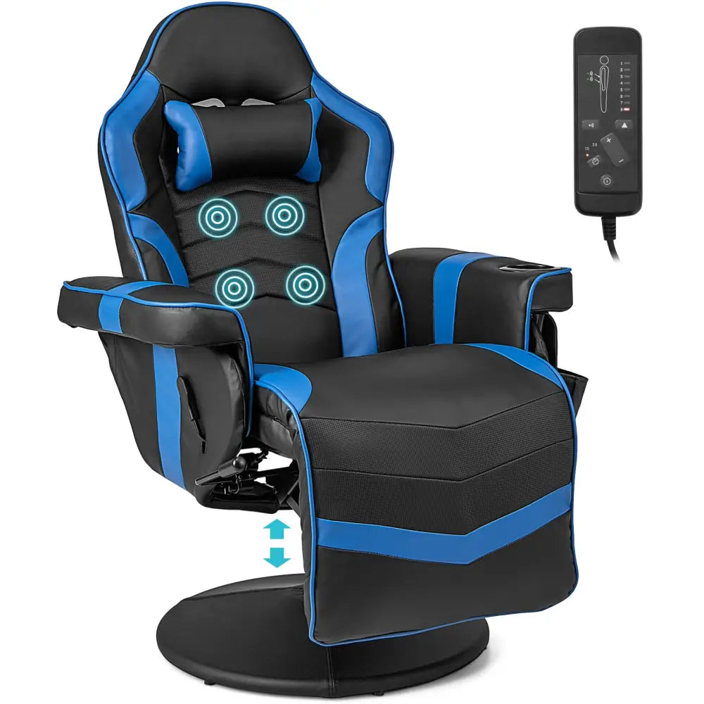 Massage Video Gaming Recliner Chair with Adjustable Height-Blue - Blue - Gaming Chairs