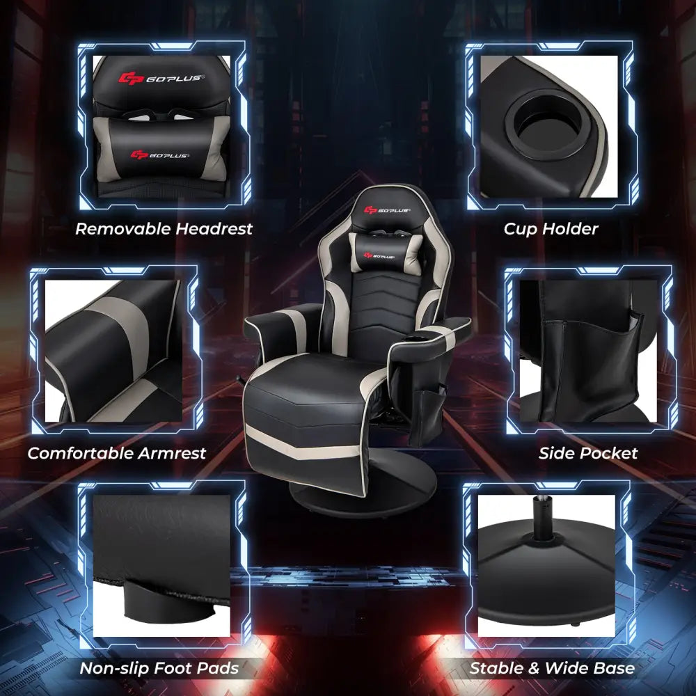 Massage Video Gaming Recliner Chair with Adjustable Height-Gray - Gray - Gaming Chairs