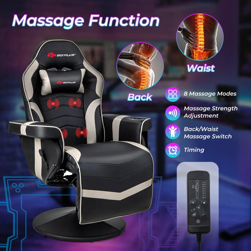 Massage Video Gaming Recliner Chair with Adjustable Height-Gray - Gray - Gaming Chairs