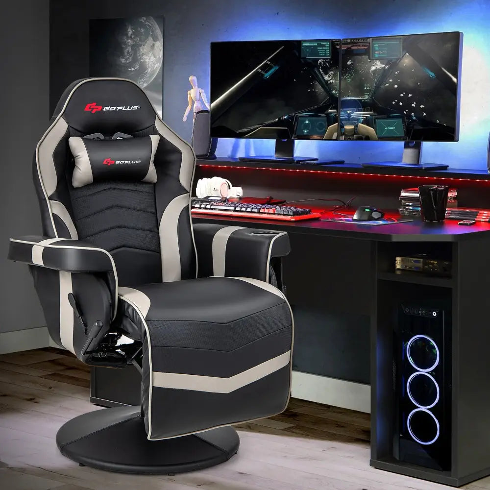 Massage Video Gaming Recliner Chair with Adjustable Height-Gray - Gray - Gaming Chairs