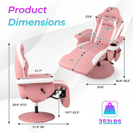 Massage Video Gaming Recliner Chair with Adjustable Height-Pink - Pink - Gaming Chairs