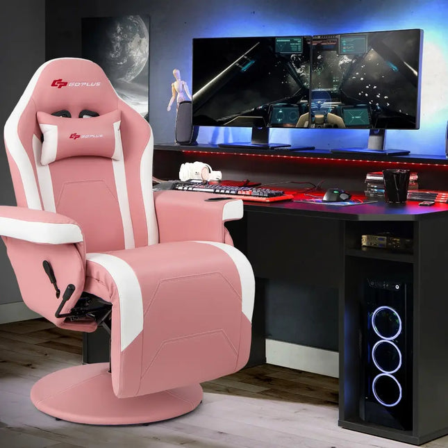 Massage Video Gaming Recliner Chair with Adjustable Height-Pink - Pink - Gaming Chairs