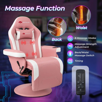 Massage Video Gaming Recliner Chair with Adjustable Height-Pink - Pink - Gaming Chairs