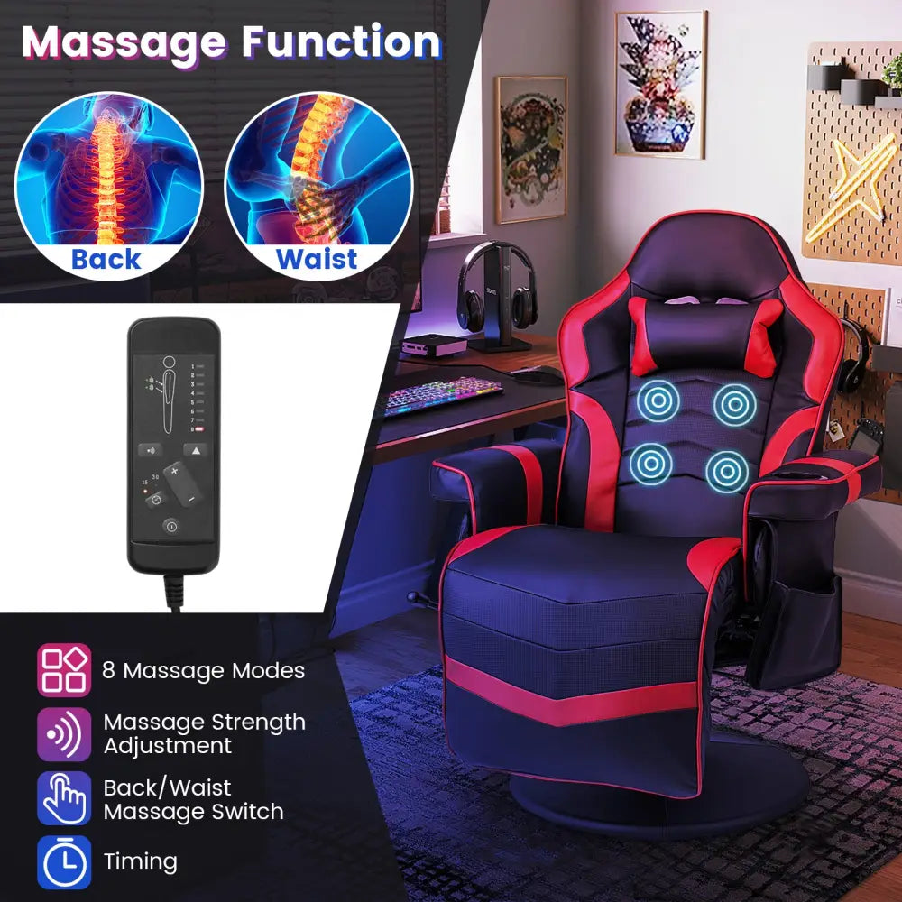 Massage Video Gaming Recliner Chair with Adjustable Height-Red - Red - Gaming Chairs
