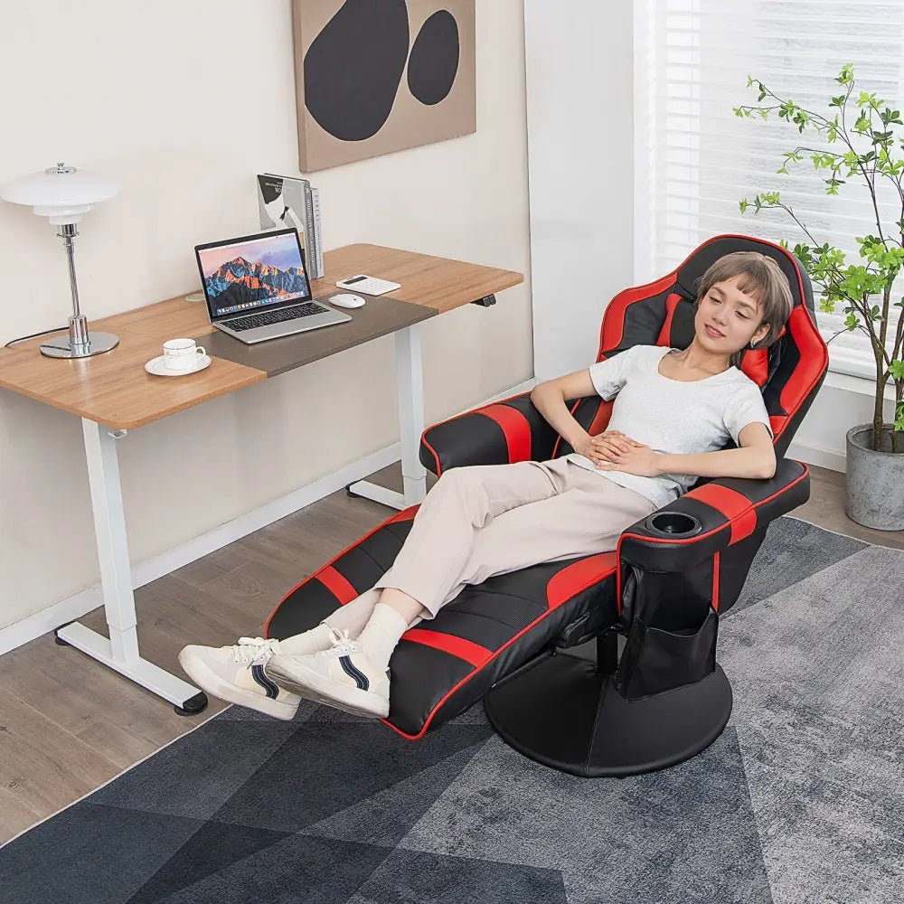 Massage Video Gaming Recliner Chair with Adjustable Height-Red - Red - Gaming Chairs