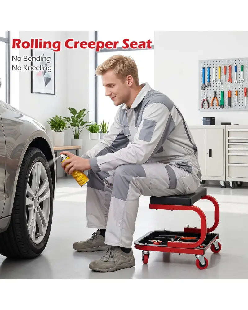 Mechanic Rolling Stool with Tool Trays and Magnetic Drawer for Garage-Red - Red - Garages