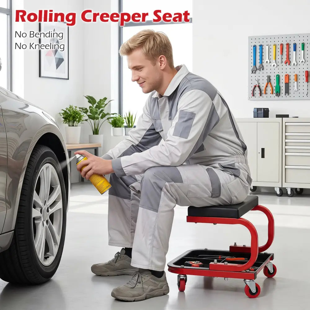 Mechanic Rolling Stool with Tool Trays and Magnetic Drawer for Garage-Red - Red - Garages
