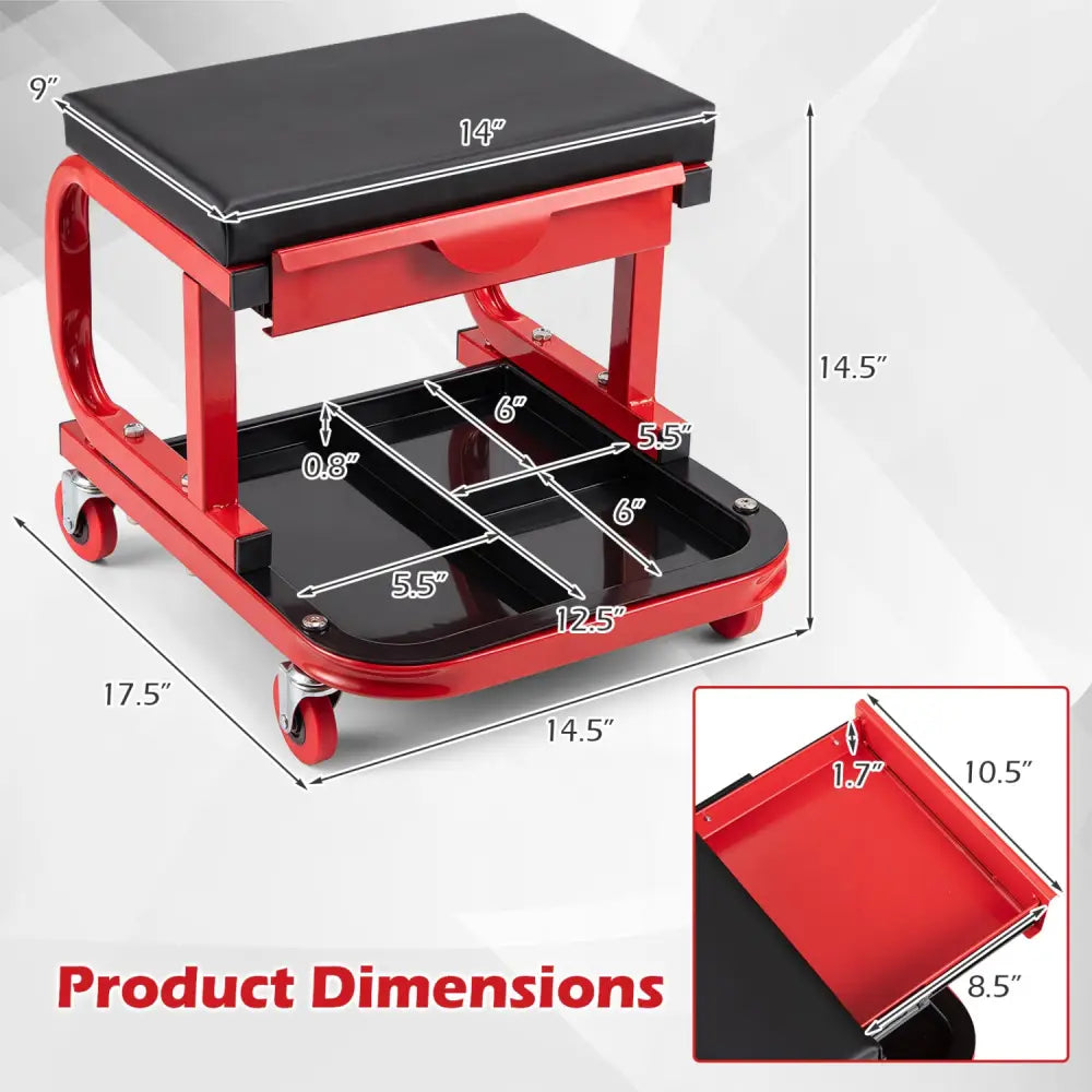 Mechanic Rolling Stool with Tool Trays and Magnetic Drawer for Garage-Red - Red - Garages