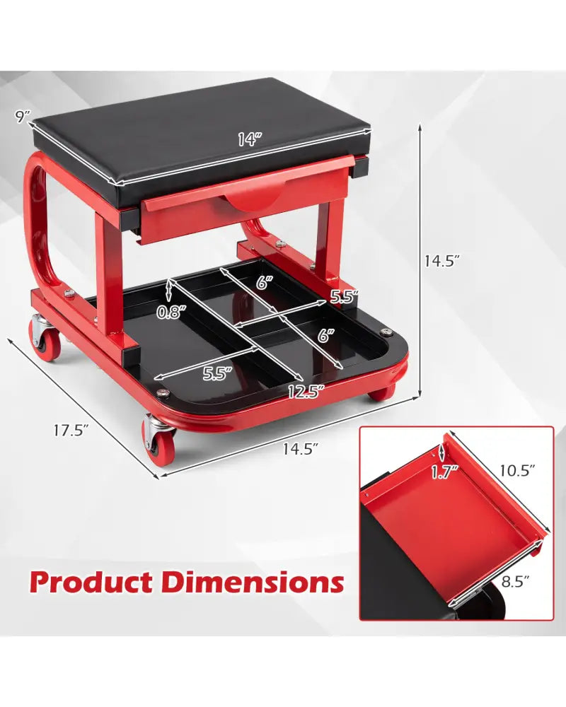 Mechanic Rolling Stool with Tool Trays and Magnetic Drawer for Garage-Red - Red - Garages