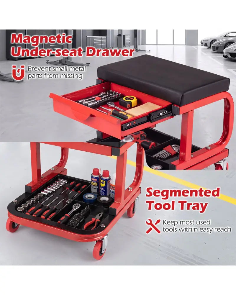 Mechanic Rolling Stool with Tool Trays and Magnetic Drawer for Garage-Red - Red - Garages