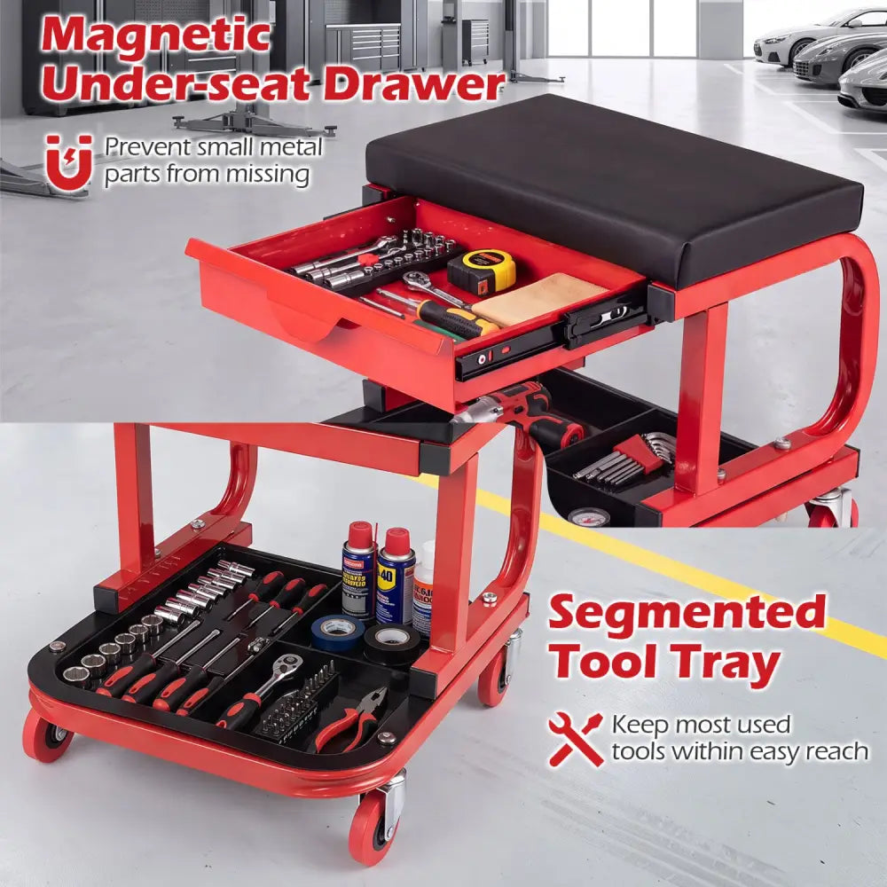 Mechanic Rolling Stool with Tool Trays and Magnetic Drawer for Garage-Red - Red - Garages