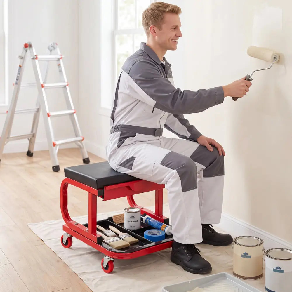 Mechanic Rolling Stool with Tool Trays and Magnetic Drawer for Garage-Red - Red - Garages