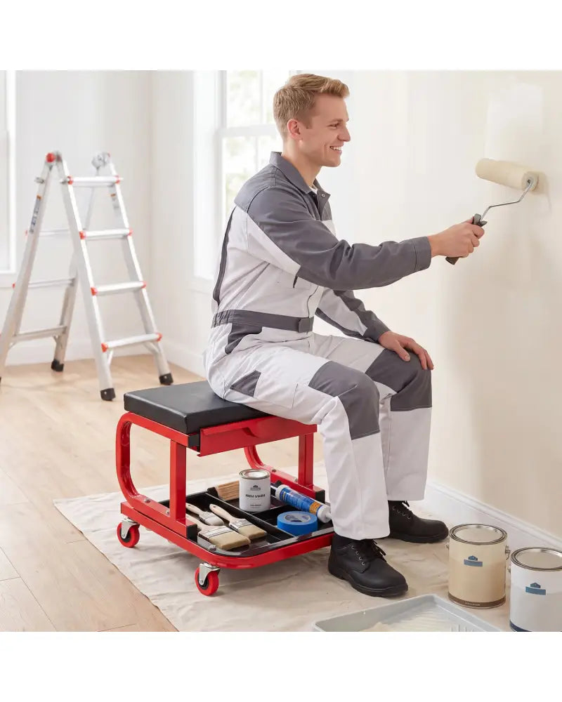 Mechanic Rolling Stool with Tool Trays and Magnetic Drawer for Garage-Red - Red - Garages