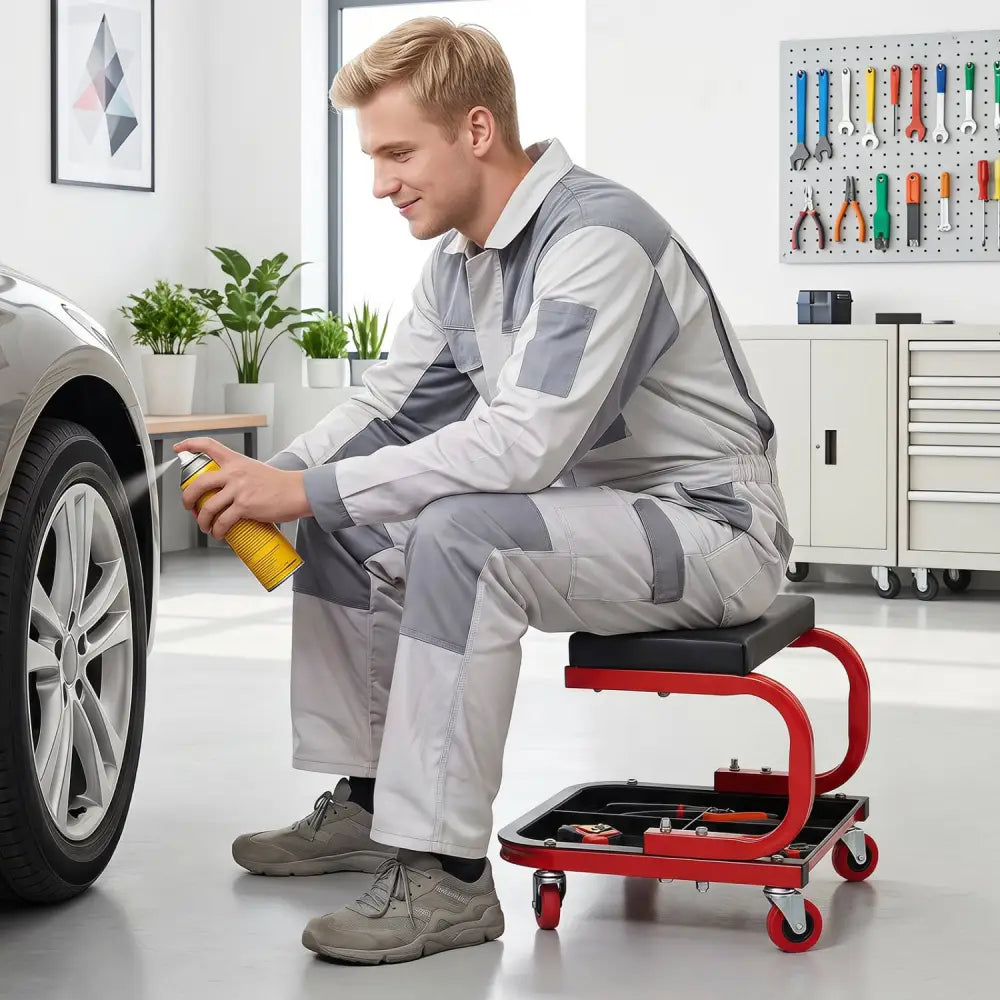 Mechanic Rolling Stool with Tool Trays and Magnetic Drawer for Garage-Red - Red - Garages