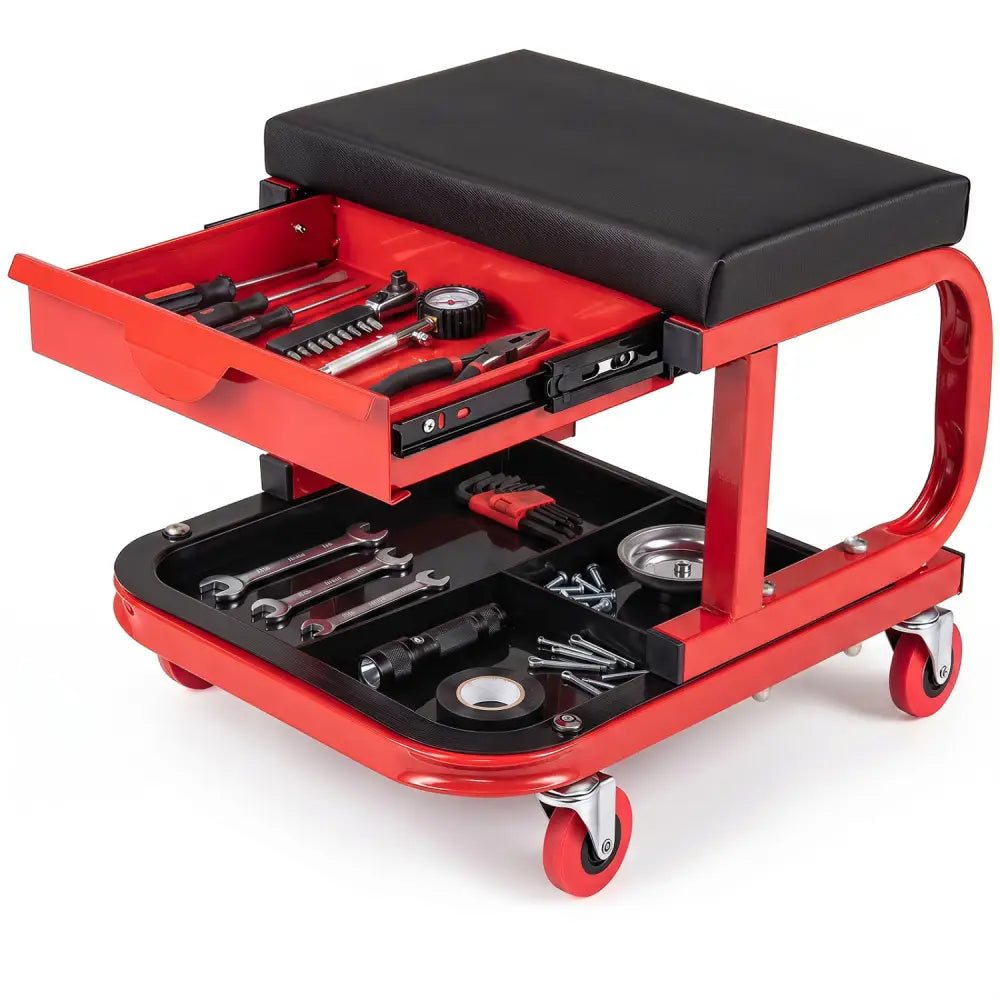 Mechanic Rolling Stool with Tool Trays and Magnetic Drawer for Garage-Red - Red - Garages