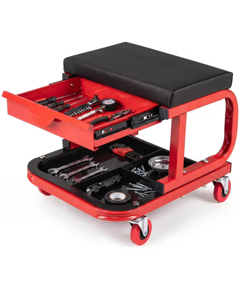 Mechanic Rolling Stool with Tool Trays and Magnetic Drawer for Garage-Red - Red - Garages