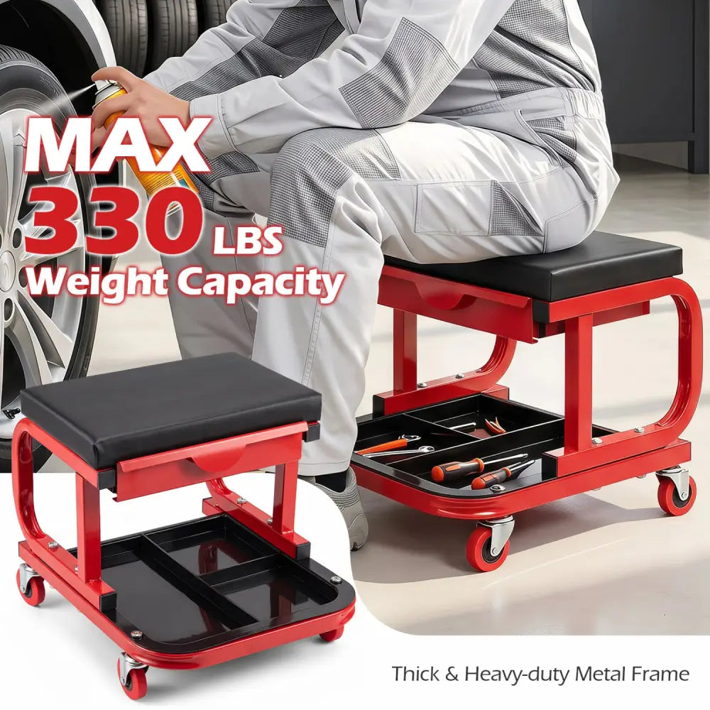 Mechanic Rolling Stool with Tool Trays and Magnetic Drawer for Garage-Red - Red - Garages
