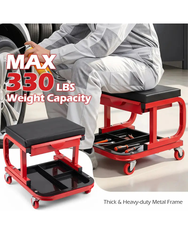 Mechanic Rolling Stool with Tool Trays and Magnetic Drawer for Garage-Red - Red - Garages