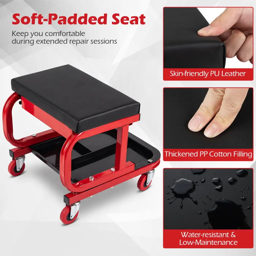 Mechanic Rolling Stool with Tool Trays and Magnetic Drawer for Garage-Red - Red - Garages