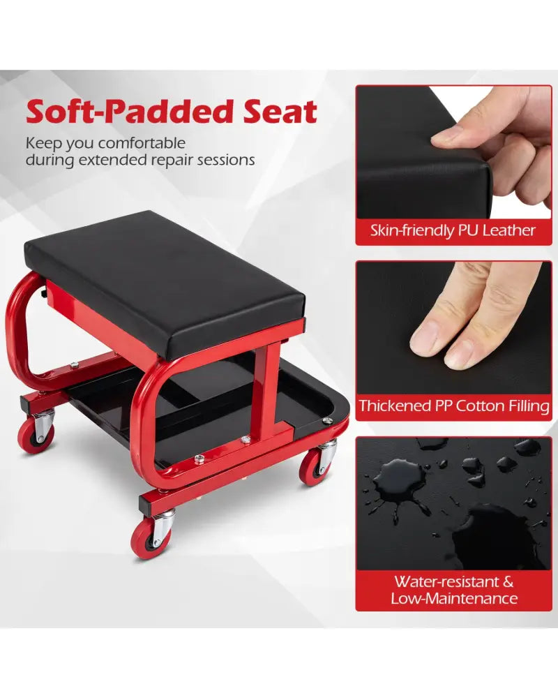 Mechanic Rolling Stool with Tool Trays and Magnetic Drawer for Garage-Red - Red - Garages