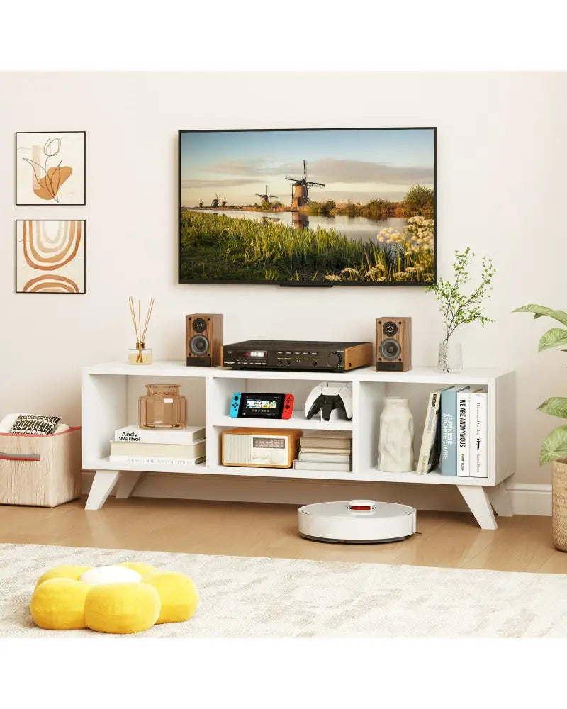 Media TV Console Table with Raised Support Legs-White - White - Entertainment Centers & TV Stands
