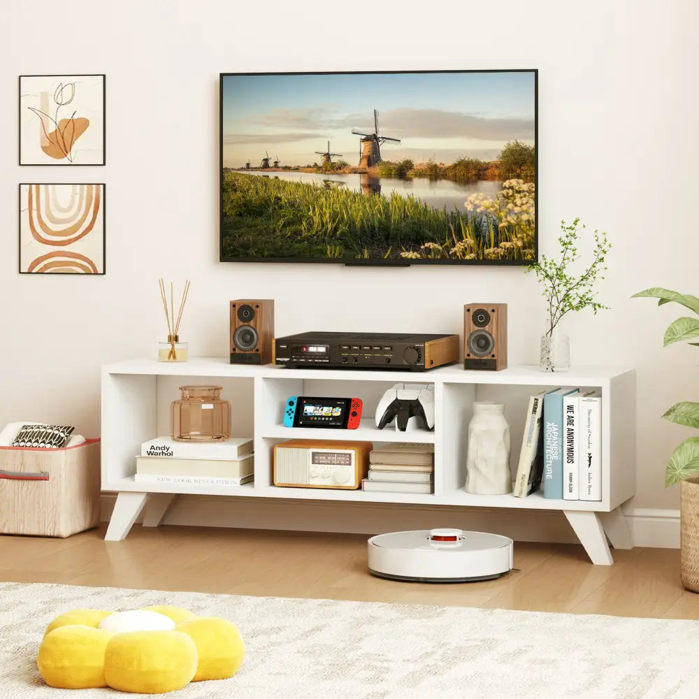 Media TV Console Table with Raised Support Legs-White - White - Entertainment Centers & TV Stands