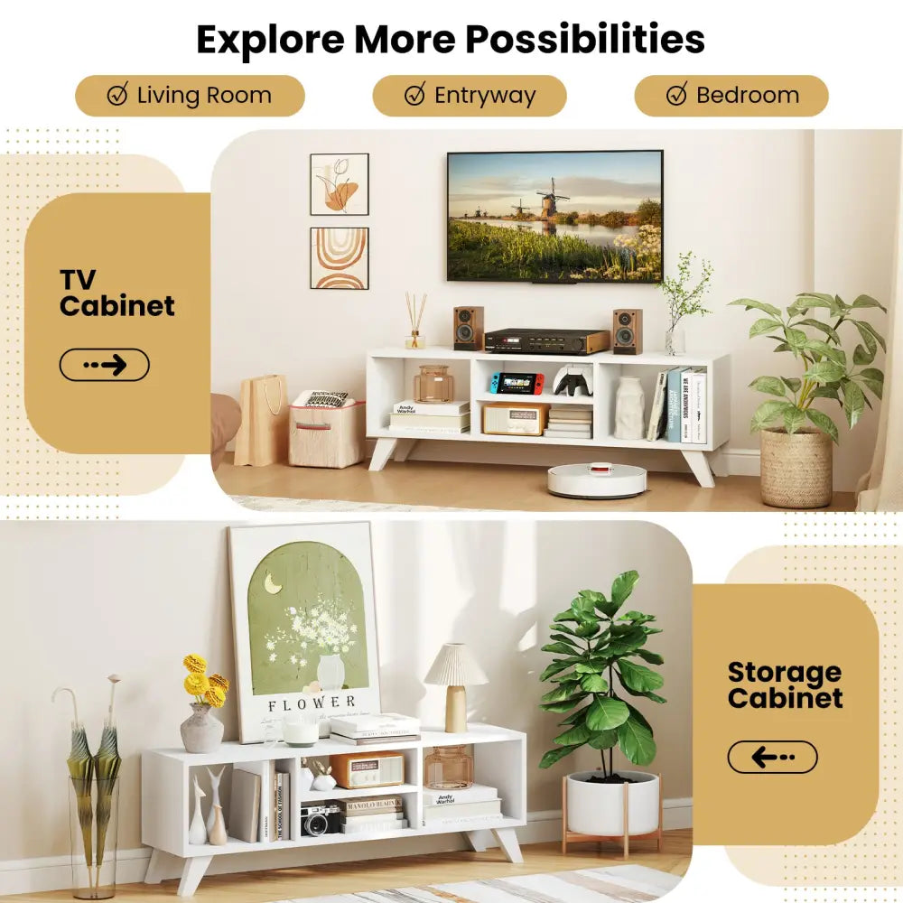 Media TV Console Table with Raised Support Legs-White - White - Entertainment Centers & TV Stands