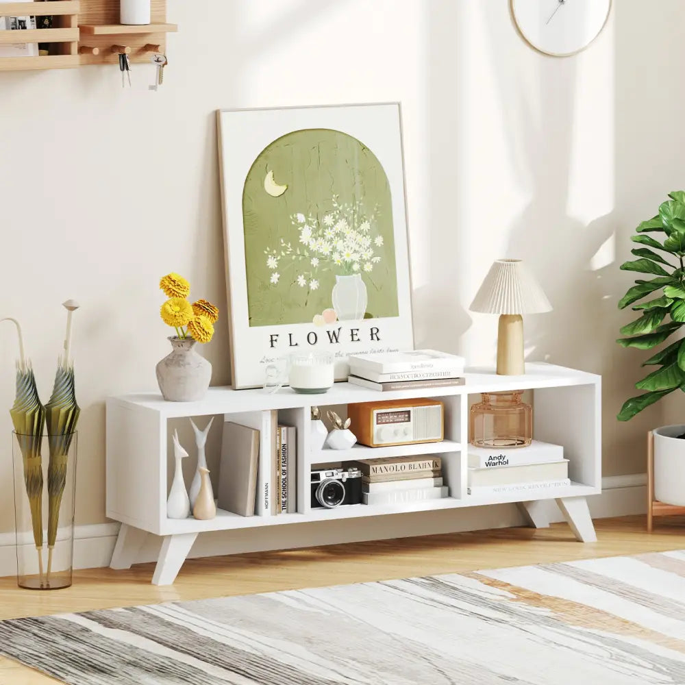 Media TV Console Table with Raised Support Legs-White - White - Entertainment Centers & TV Stands