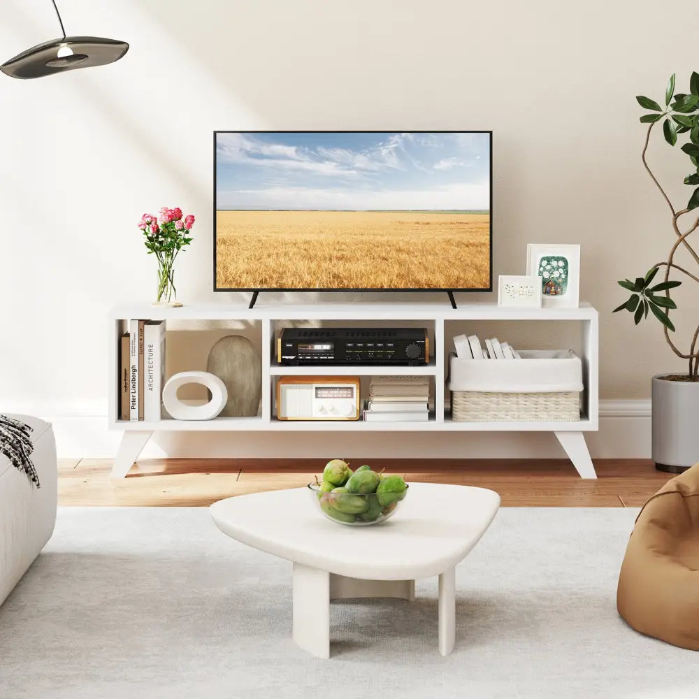 Media TV Console Table with Raised Support Legs-White - White - Entertainment Centers & TV Stands