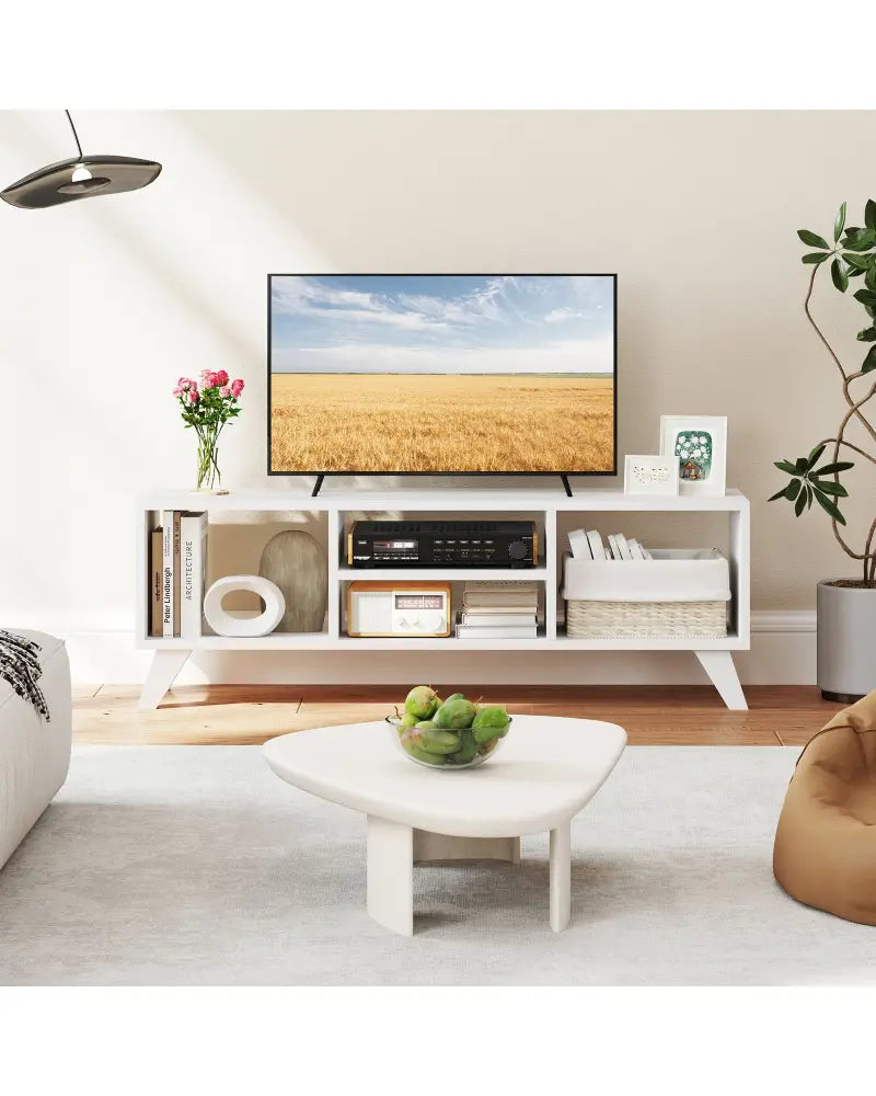 Media TV Console Table with Raised Support Legs-White - White - Entertainment Centers & TV Stands