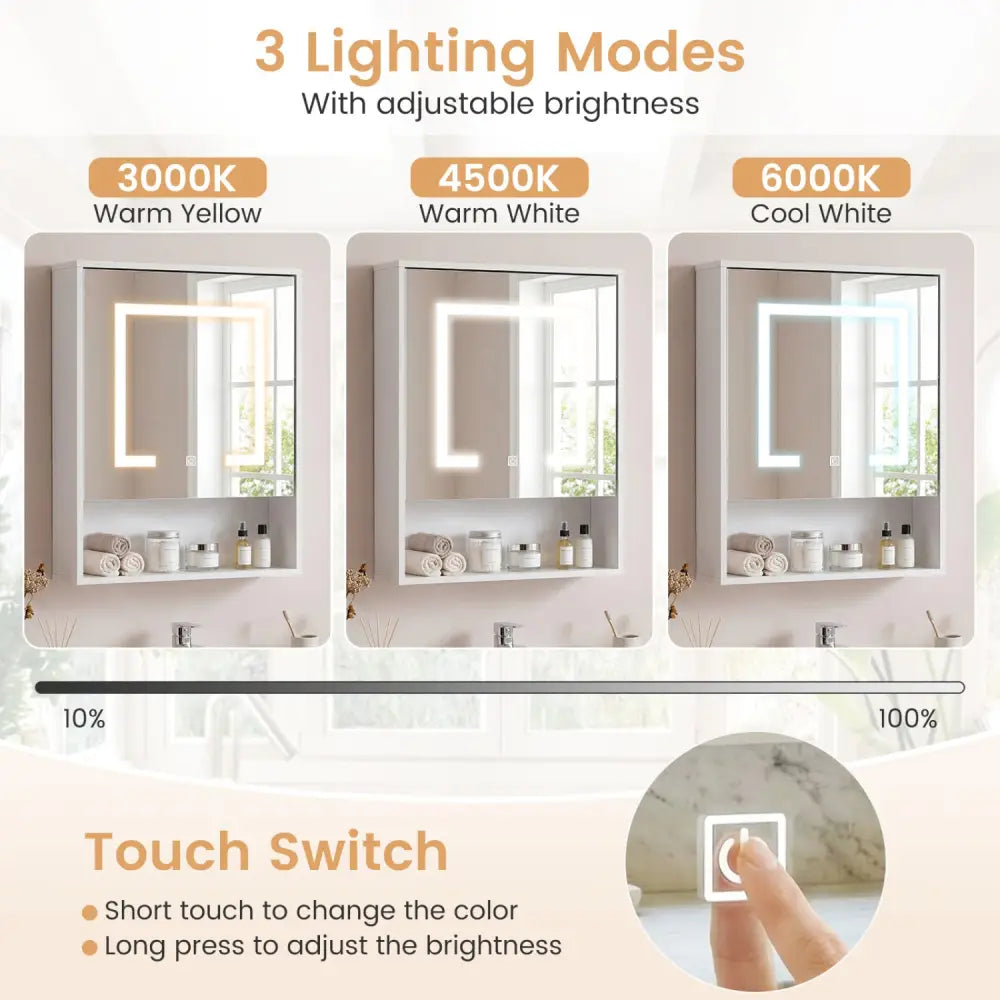 Medicine Cabinet with Mirror and 3 Color LED Lights Recessed or Wall Mounted-White - White - Wall Cabinets