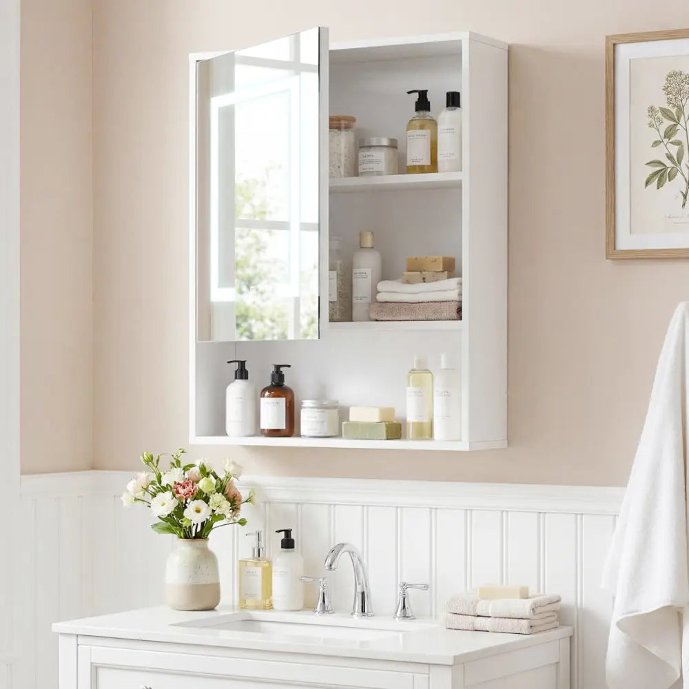 Medicine Cabinet with Mirror and 3 Color LED Lights Recessed or Wall Mounted-White - White - Wall Cabinets