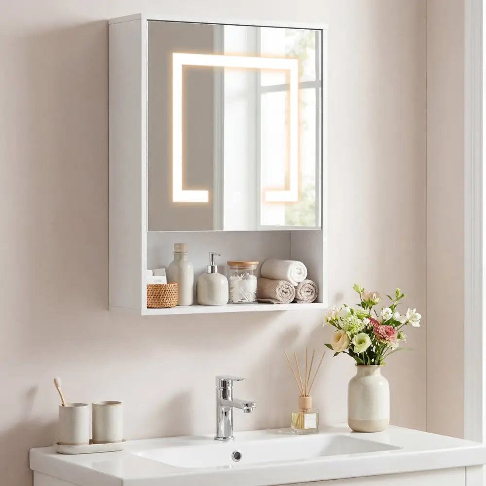 Medicine Cabinet with Mirror and 3 Color LED Lights Recessed or Wall Mounted-White - White - Wall Cabinets