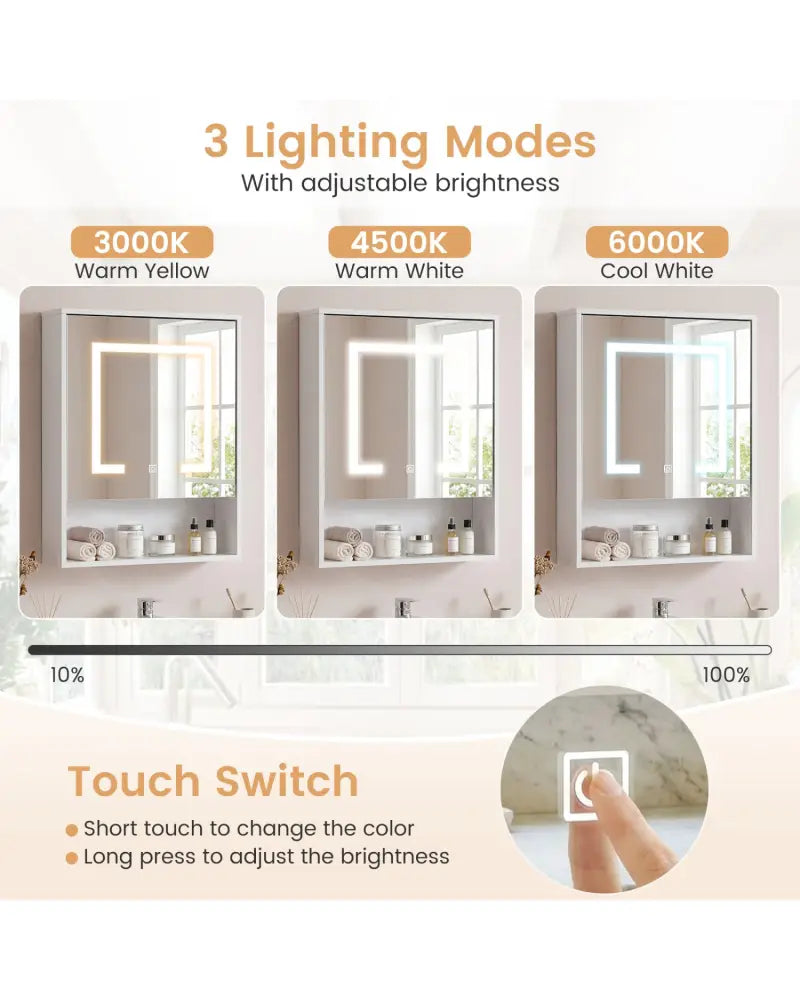 Medicine Cabinet with Mirror and 3 Color LED Lights Recessed or Wall Mounted-White - White - Wall Cabinets