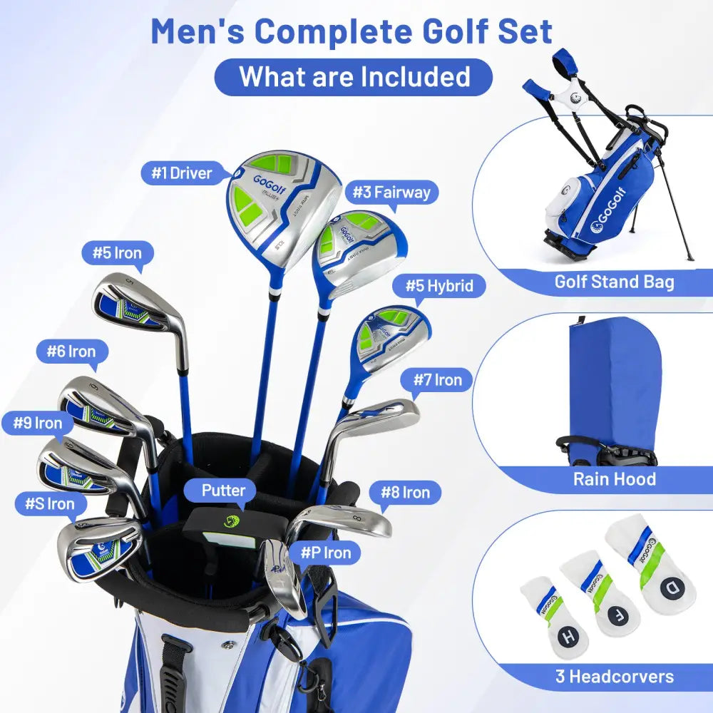 Men’s Complete Golf Clubs and Bag Set with Headcovers and Putter-Blue - Blue - Golf