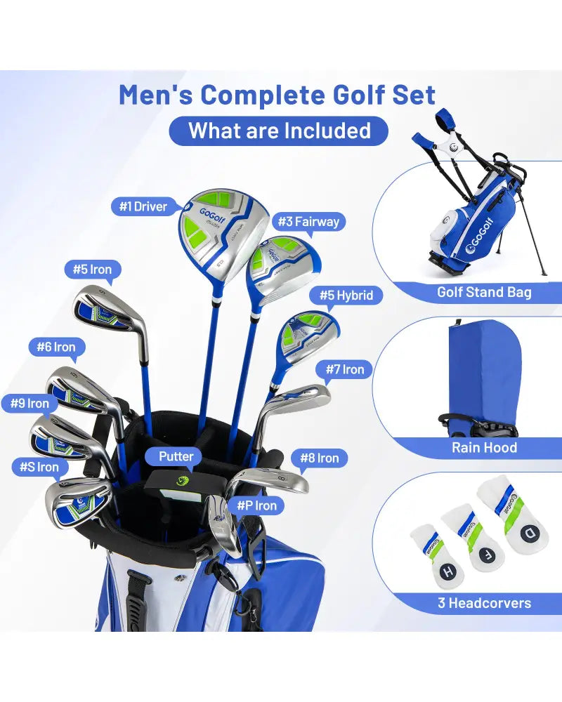 Men’s Complete Golf Clubs and Bag Set with Headcovers and Putter-Blue - Blue - Golf
