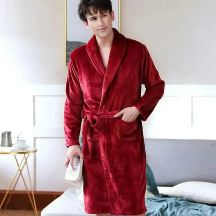 Men’s Plush Flannel Winter Bathrobe – Thick Soft Fleece Robe with Belt & Pockets, Knee‑Length Home Loungewear Sleepwear - Oasis Home Essentials
