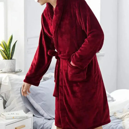 Men’s Plush Flannel Winter Bathrobe – Thick Soft Fleece Robe with Belt & Pockets, Knee‑Length Home Loungewear Sleepwear - Oasis Home Essentials