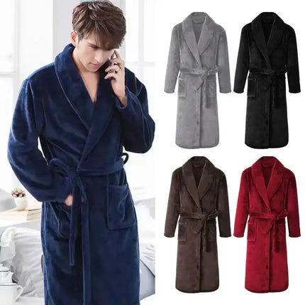 Men’s Plush Flannel Winter Bathrobe – Thick Soft Fleece Robe with Belt & Pockets, Knee‑Length Home Loungewear Sleepwear - Oasis Home Essentials