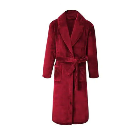 Men’s Plush Flannel Winter Bathrobe – Thick Soft Fleece Robe with Belt & Pockets, Knee‑Length Home Loungewear Sleepwear - Oasis Home Essentials