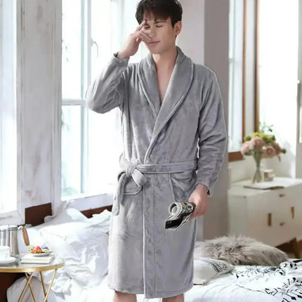 Men’s Plush Flannel Winter Bathrobe – Thick Soft Fleece Robe with Belt & Pockets, Knee‑Length Home Loungewear Sleepwear - Oasis Home Essentials
