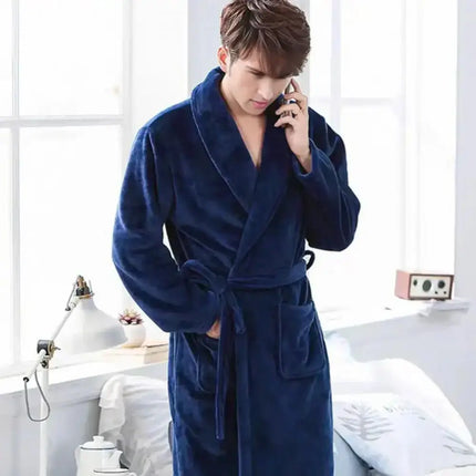 Men’s Plush Flannel Winter Bathrobe – Thick Soft Fleece Robe with Belt & Pockets, Knee‑Length Home Loungewear Sleepwear - Oasis Home Essentials