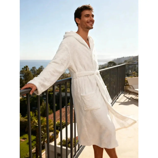 Men’s Thick Hooded Polyester Nightgown – Soft Home & Outdoor Bathrobe, Long‑Sleeved, Adjustable, Casual Robe for After Bathing - Oasis Home Essentials