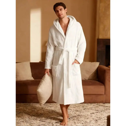 Men’s Thick Hooded Polyester Nightgown – Soft Home & Outdoor Bathrobe, Long‑Sleeved, Adjustable, Casual Robe for After Bathing - Oasis Home Essentials
