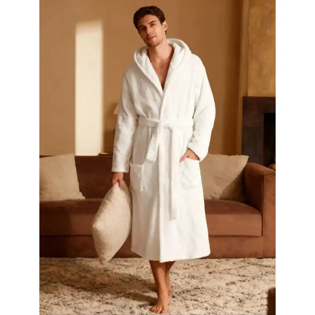 Men’s Thick Hooded Polyester Nightgown – Soft Home & Outdoor Bathrobe, Long‑Sleeved, Adjustable, Casual Robe for After Bathing - Oasis Home Essentials
