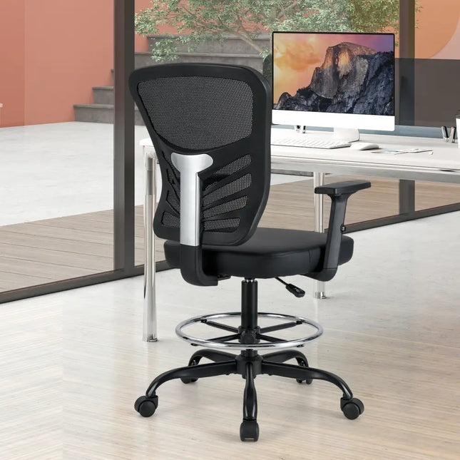 Mesh Drafting Chair Office Chair with Adjustable Armrests and Foot-Ring-Black - Black - Mesh Chairs